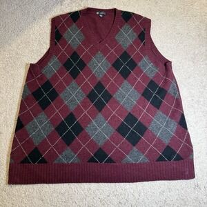J.Crew 100% Lambswool Argyle Sweater Vest Burgundy Gray Black V-Neck Mens XL